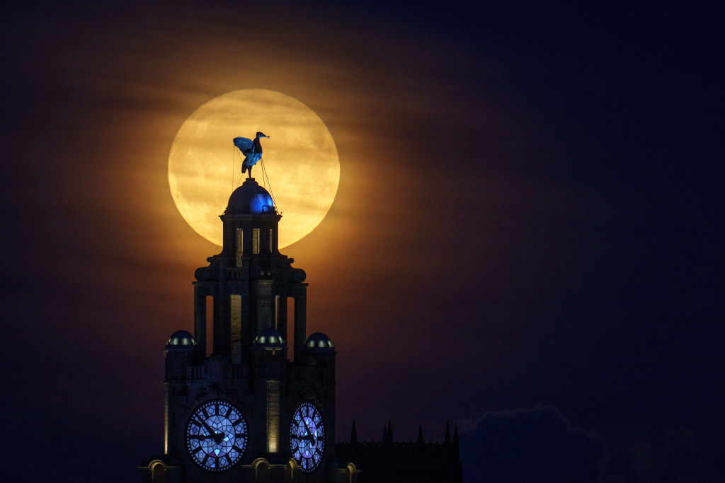 Een grote, heldere maan achter een gebouw met daarop een groot vogelstandbeeld.