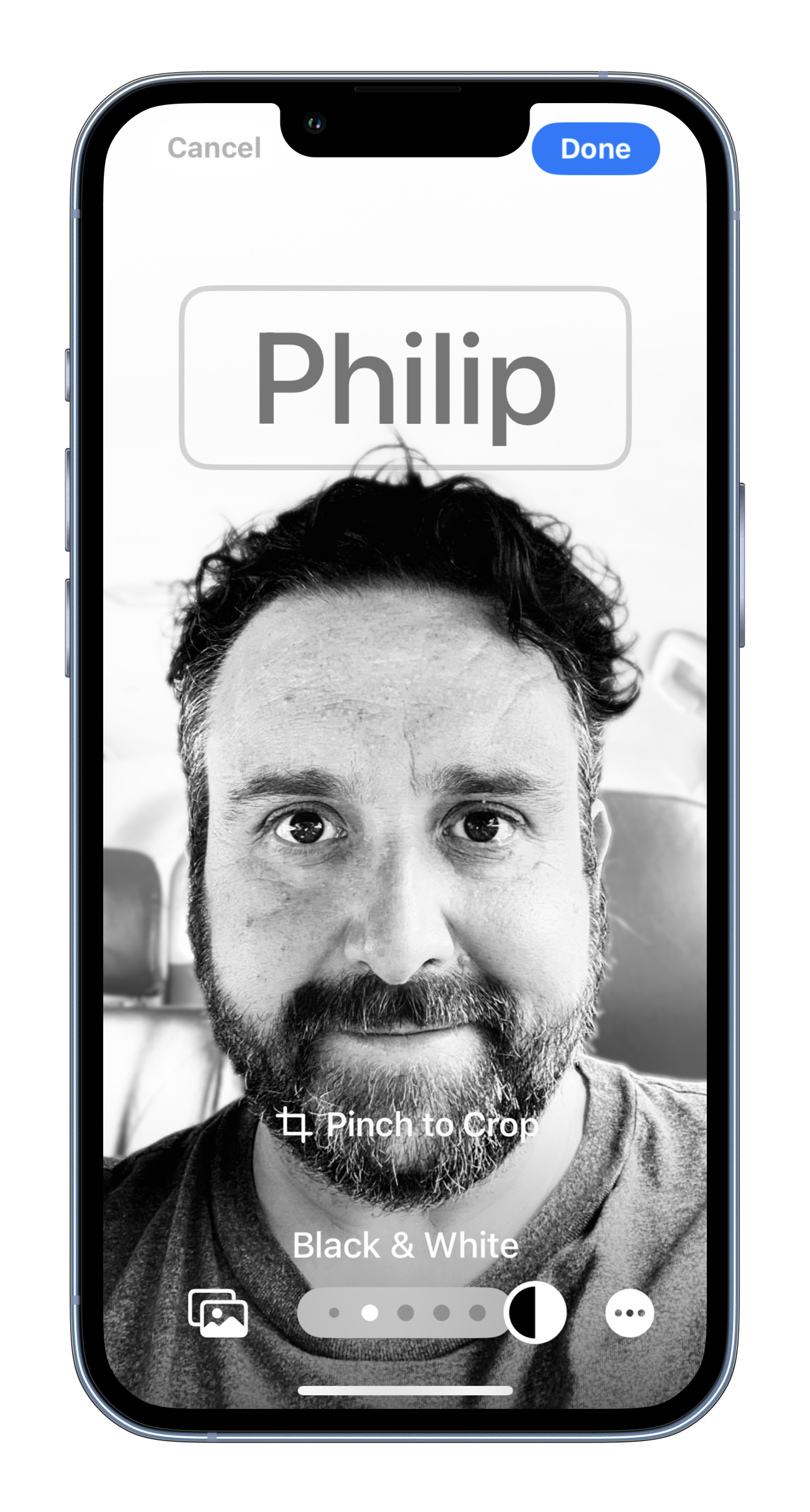 MockUPhone screenshots of the contact poster on iOS 17 showing my face with name and different color and filter options