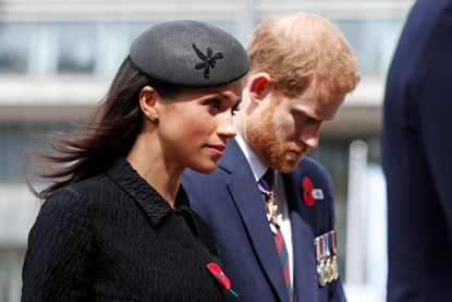 Britain's Prince Harry (R) and his US fiancee Meghan Markle arrive to attend a service of commemoration and thanksgiving to mark Anzac Day in Westminster Abbey in London on April 25, 2018. - Anzac Day marks the anniversary of the first major military action fought by Australian and New Zealand forces during the First World War. The Australian and New Zealand Army Corps (ANZAC) landed at Gallipoli in Turkey during World War I.