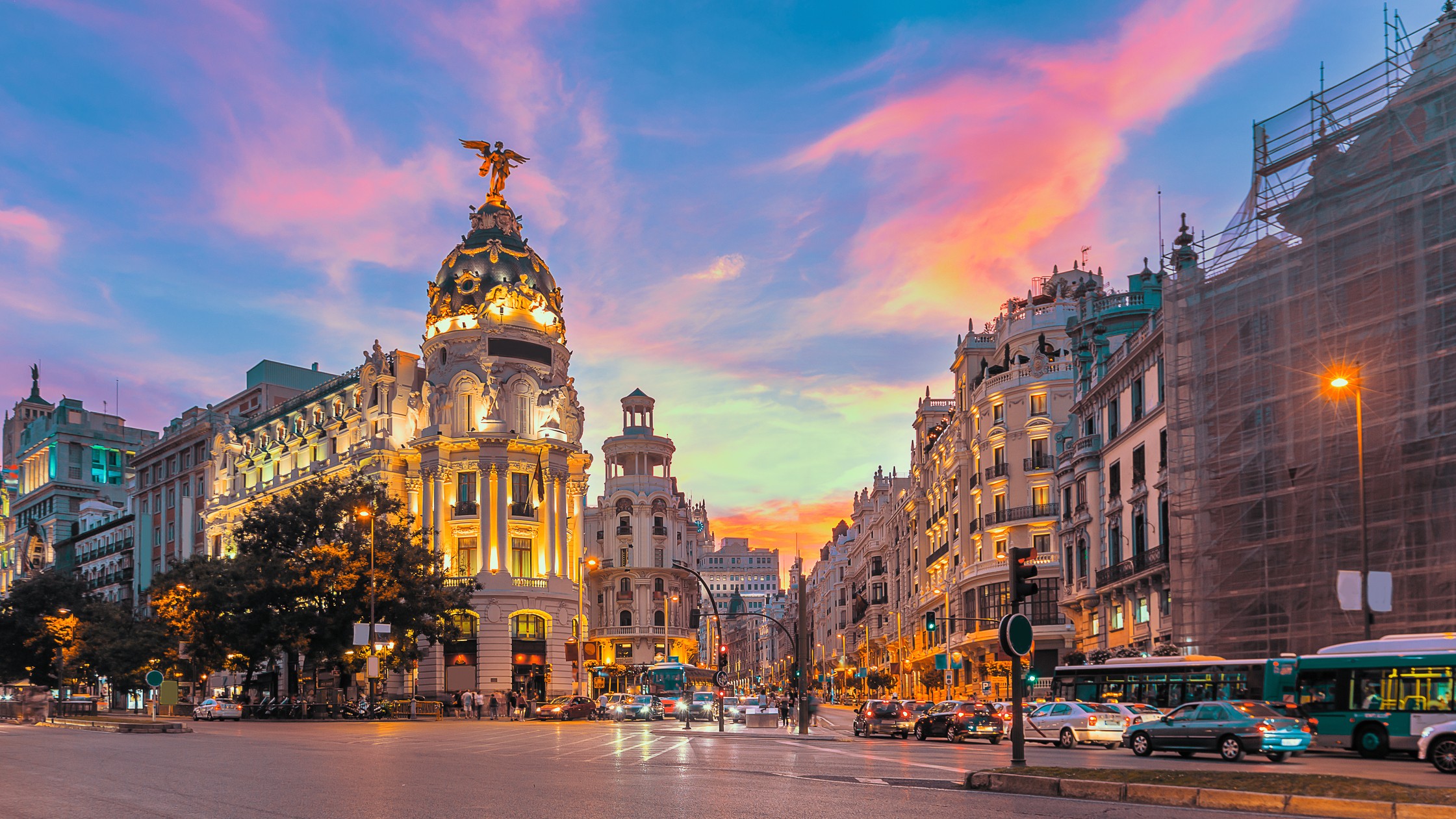 Madrid city skyline gran via street twilight , Spain
