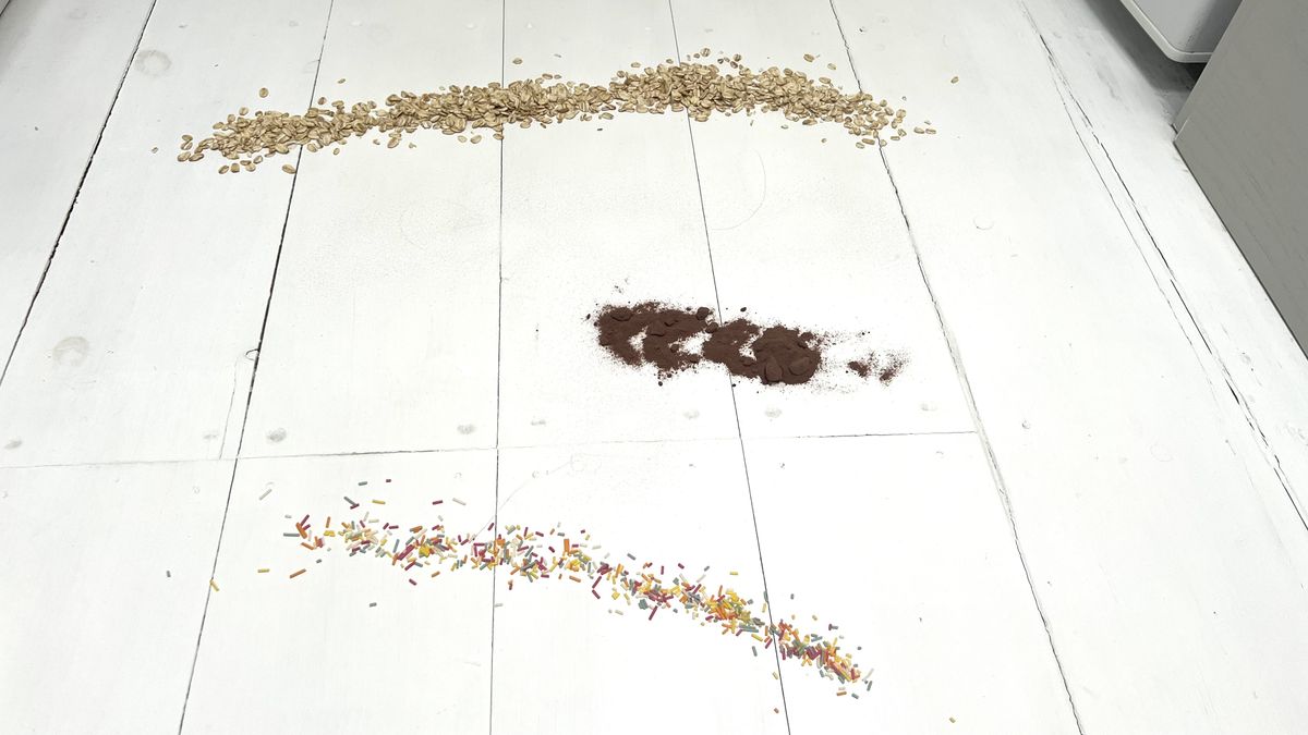 Pictured: Oats, caster sugar (not visible), cocoa powder and sprinkles.