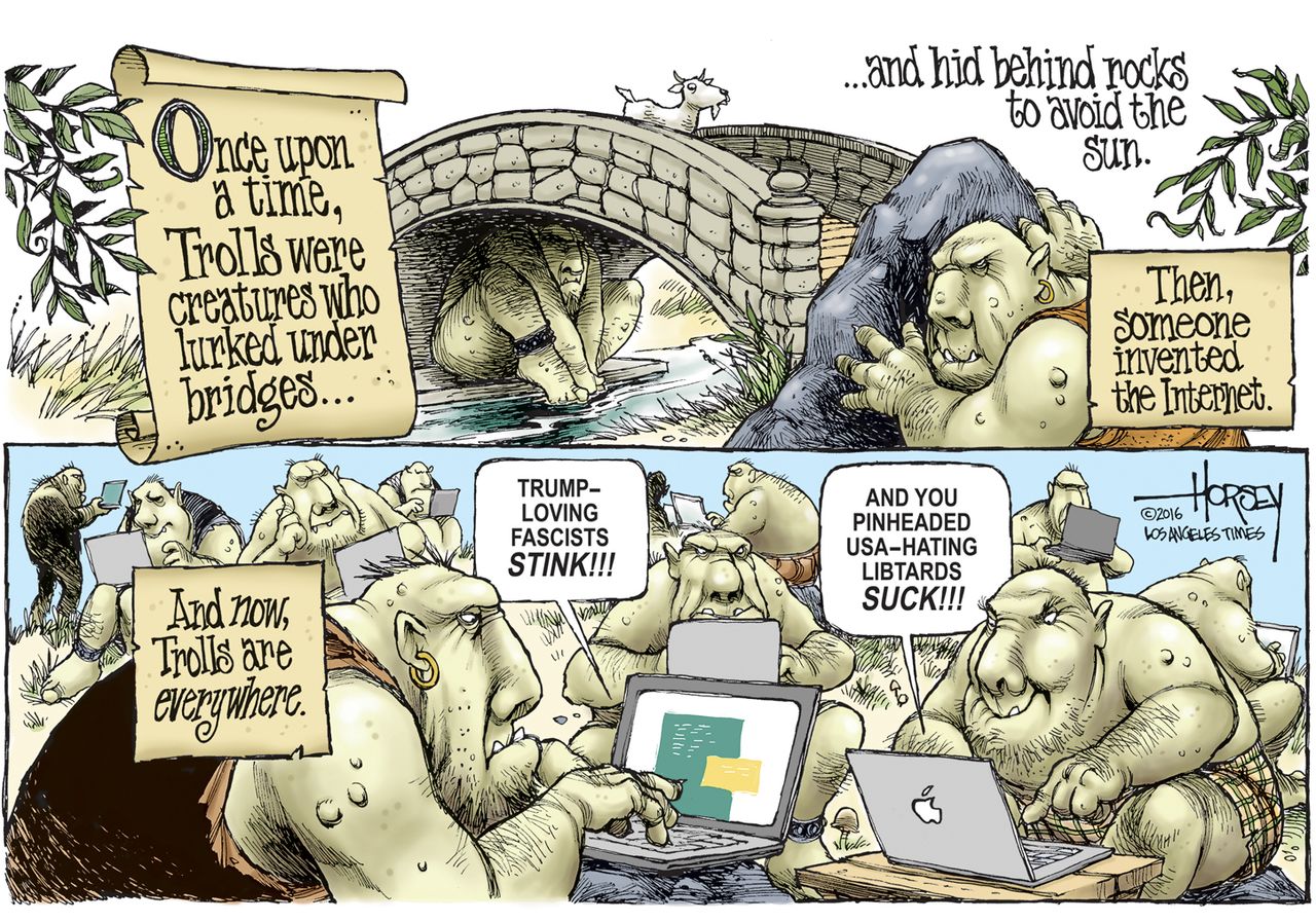 Editorial cartoon U.S. Internet trolls American politics