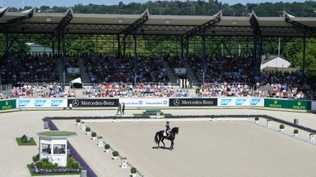 Wide shot of dressage in the main stadium at Aachen