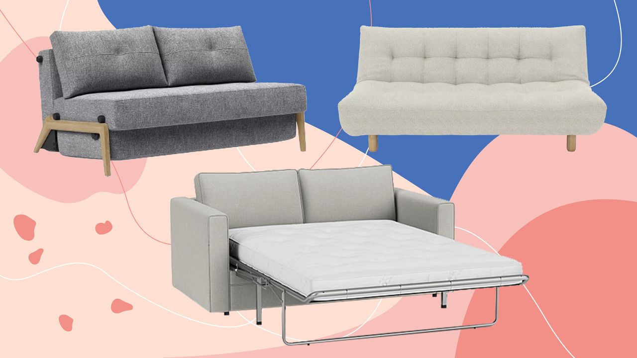 Three of the best sofa beds tried, tested, and reviewed by Ideal Home on a pink and blue background