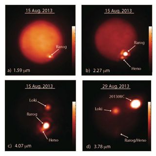 Jupiter's moon Io is pictured in images obtained at different infrared wavelengths (in microns, μm, or millionths of a meter) with the W. M. Keck Observatory's 10-meter Keck II telescope on Aug. 15, 2013 (a-c), and the Gemini North telescope on Aug. 29, 2013 (d).