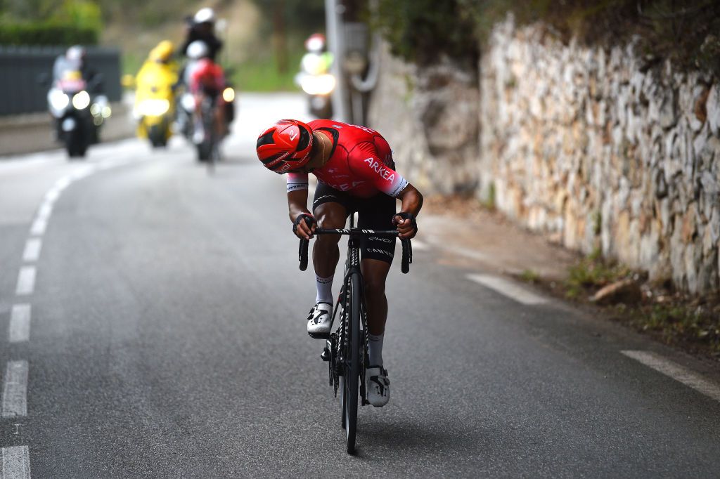 LA TURBIE FRANCE FEBRUARY 19 Nairo Alexander Quintana Rojas of Colombia and Team Arka Samsic attacks during the 54th Tour Des Alpes Maritimes Et Du Var Stage 2 a 1491km stage from PugetThniers to La Turbie on February 19 2022 in La Turbie France Photo by Dario BelingheriGetty Images