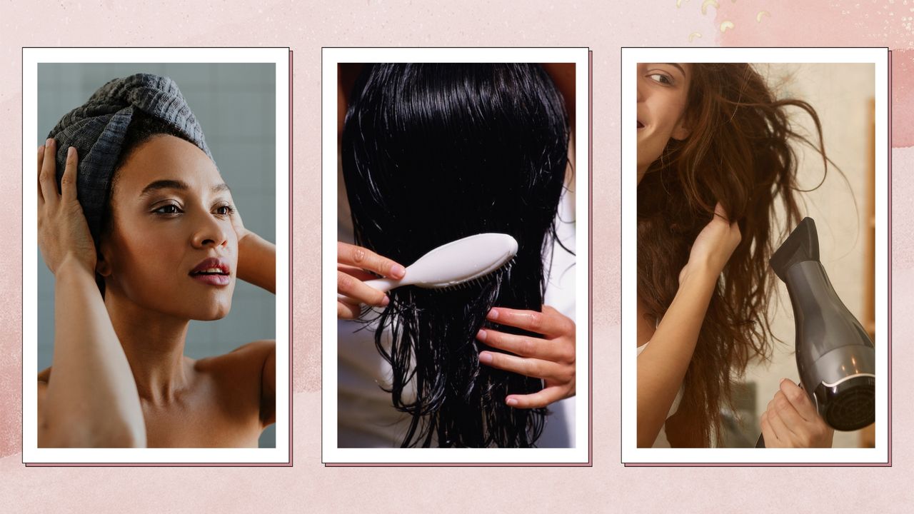 A close up of a woman touching her hair, which is wrapped in a towel, alongside a close up of someone brushing their wet hair with a brush and finally, a woman blow drying her hair with a hairdryer - to illustrate hairdryer mistakes/ in a pink watercolour effect template