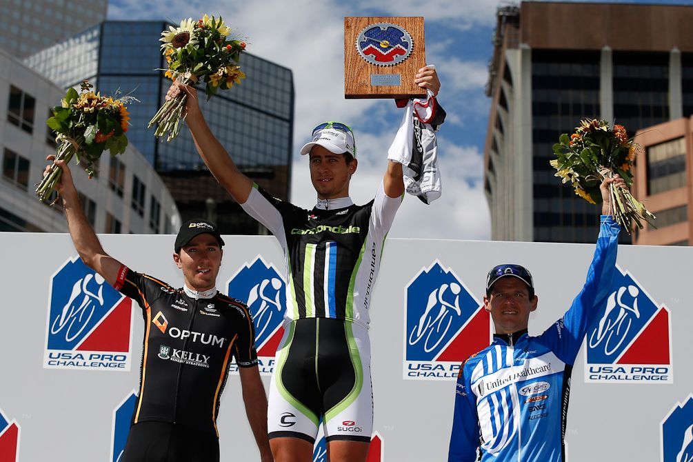 Second place on stage seven, Ryan Anderson(Optum p/b Kelly Strategies), winner Peter Sagan (Cannondale Pro Cycling) and third place Allessandro Bazzana (UnitedHealthcare)