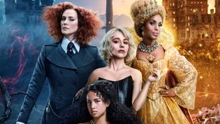 (clockwise) Sophia Anne Caruso as Sophie, Kerry Washington as Professor Dovey, Sofia Wylie as Agatha and Charlize Theron as Lady Lesso in the poster art for The School for Good and Evil