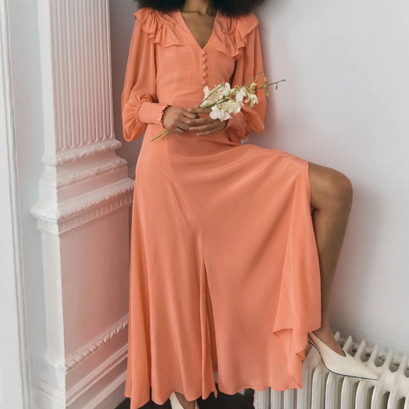 Clodagh McKenna's peach wedding guest dress from Queens Of Archive