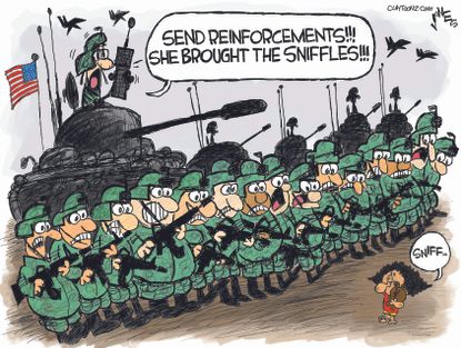 Political cartoon U.S. Migrant caravan border troops reinforcements little girl sniffles