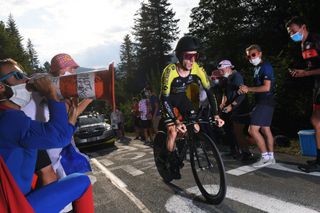 Mitchelton-Scott's Adam Yates climbs the Planche des Belles Filles during the stage 20 individual time trial at the 2020 Tour de France