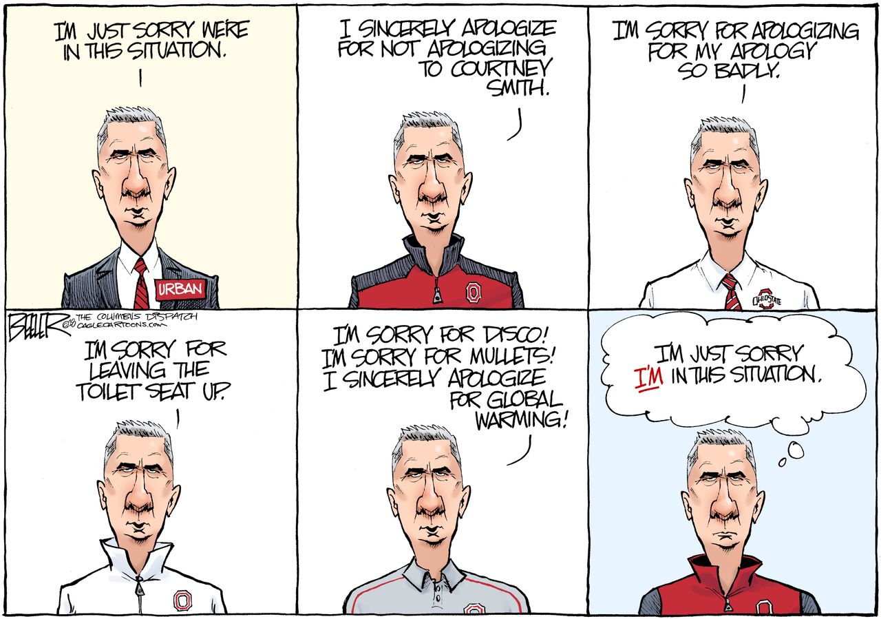 Editorial cartoon U.S. Urban Meyer Ohio State University football coach scandal apology