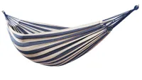A blue and white striped hammock