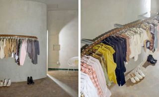 Left, a brown clothing rails with clothes hanging on it, shoes below it and a white wire frame chair next to it. Right, an overview of the same clothing rail.