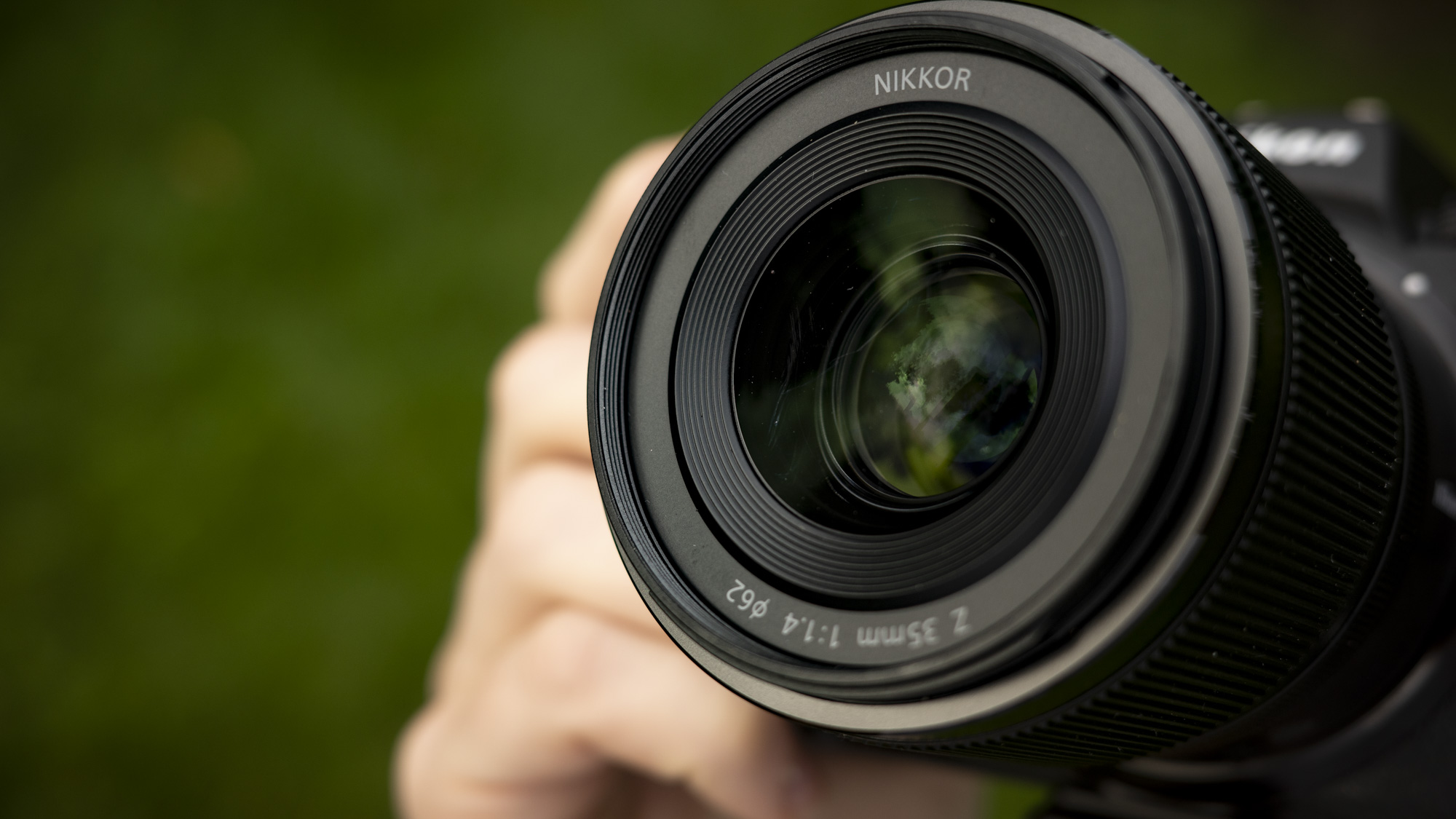 Closeup of the Nikon Z 35mm f/1.4 lens front element