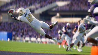 A promotional shot of EA Sports College Football 25 that shows a player catching a football.