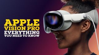 Woman wearing Apple Vision Pro on a colorful background.