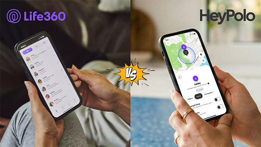 HeyPolo and Life360 logos on top of images of each app being used on a phone with a cartoon vs graphic in the middle