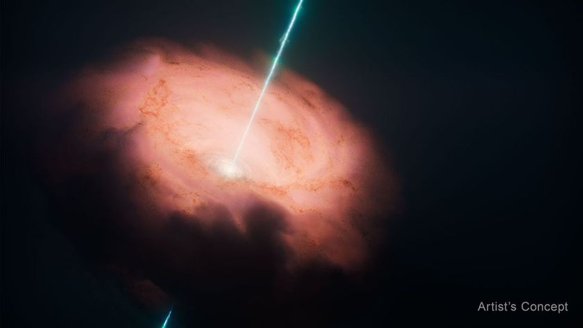 A pink disk of swirling gas and light is bisected by a glowing blue line of light
