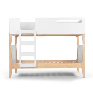 Contrasting white and pine finish bunk bed with white ladder and curved edges