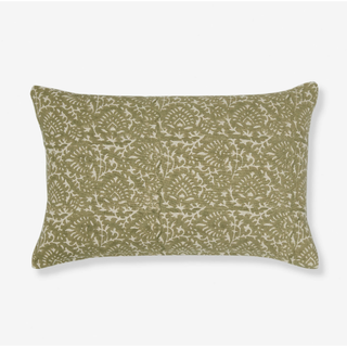 green linen pillow with floral printed pattern