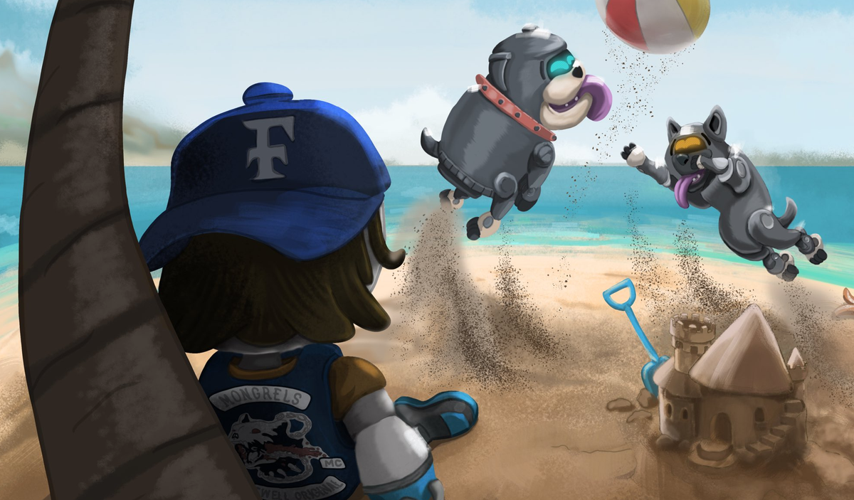 A picture of Days Gone protagonist &quot;Deek&quot; turned into an Astro Bot, watching dogs play with a beach ball. 