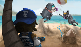 A picture of Days Gone protagonist "Deek" turned into an Astro Bot, watching dogs play with a beach ball. 