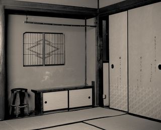 Black and white photo of interior of Japanese house