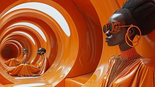 A three futuristic-looking people sit in a tunnel of orange plastic wearing plastic orange dresses