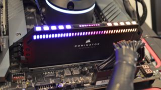 Corsair Dominator Platinum RGB DDR5 RAM inserted into a motherboard