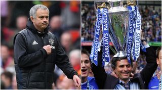 LONDON, ENGLAND - MAY 24: Jose Mourinho manager of Chelsea shows his champion&#039;s medal after the Barclays Premier League match between Chelsea and Sunderland at Stamford Bridge on May 24, 2015 in London, England. (Photo by Michael Regan/Getty Images)