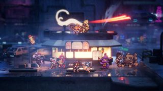 Pixel-art cyberpunk street scene: tiny characters gather around a glowing food stall as red laser beams cut through a moody neon city.