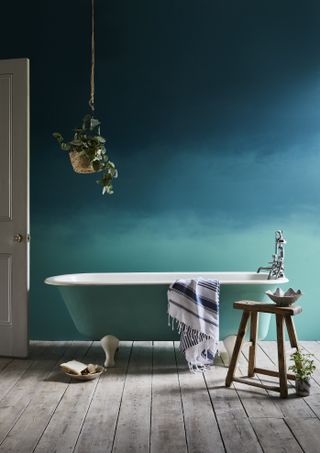 ombre finish blue toned bathroom with roller bath, a plant hanging from the ceiling, and a stool