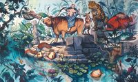 Detailed vibrant art showing a fantasy wildlife scene with various animal figures in a forest