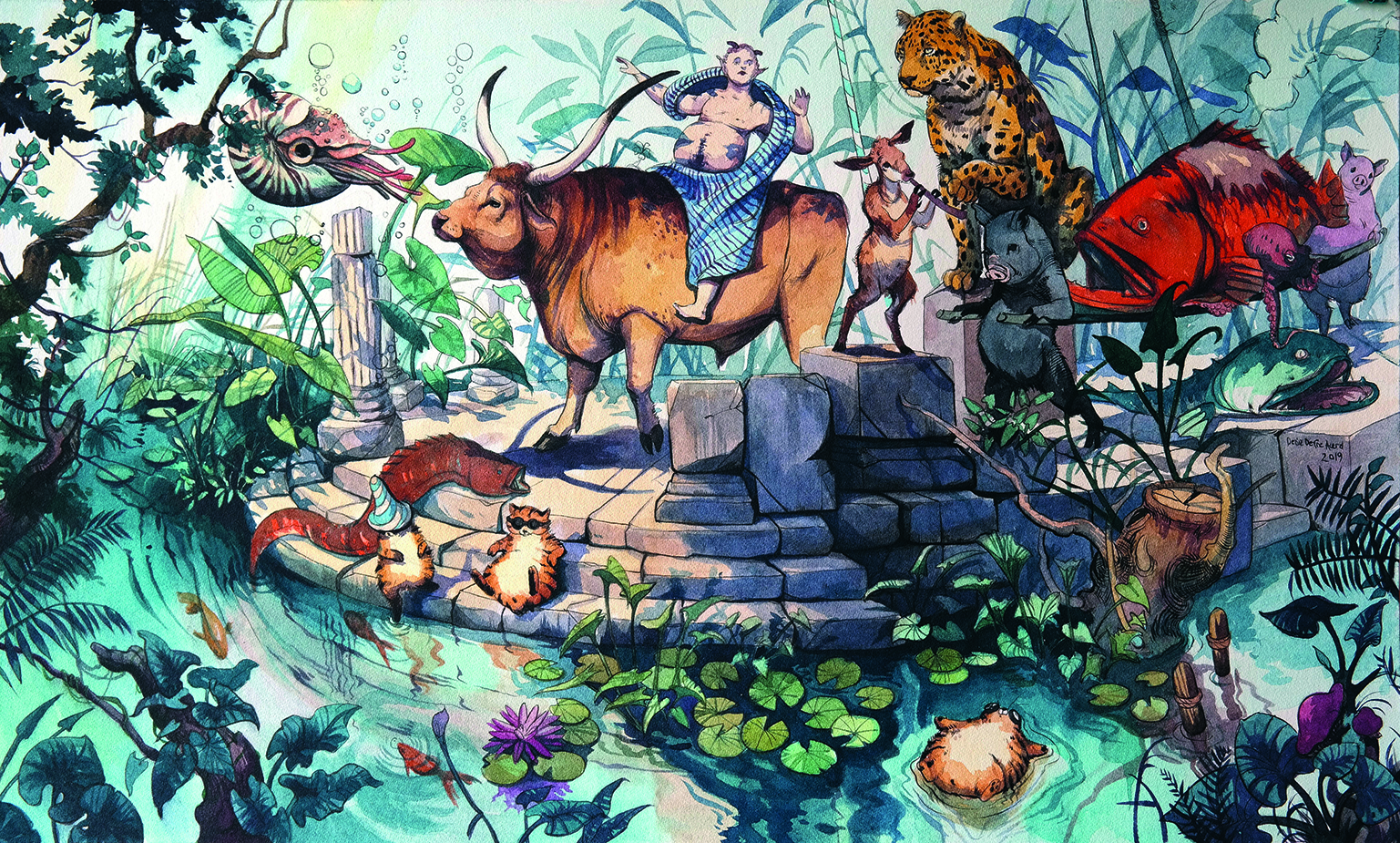 Detailed vibrant art showing a fantasy wildlife scene with various animal figures in a forest
