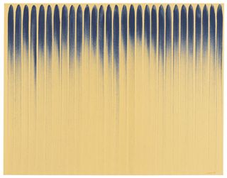 Image of canvas artwork- Yellow/cream background with Blue vertical sweeping brush lines