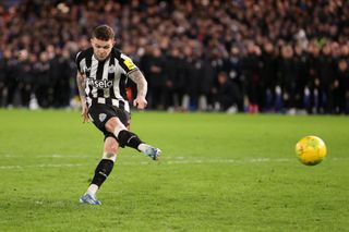 Kieran Trippier of Newcastle United misses their sides second penalty during a penalty shoot out in the Carabao Cup Quarter Final match between Chelsea and Newcastle United at Stamford Bridge on December 19, 2023 in London, England.