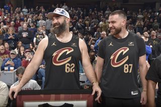 Jason Kelce and Travis Kelce are honored during the game between the Boston Celtics and the Cleveland Cavaliers on March 5, 2024