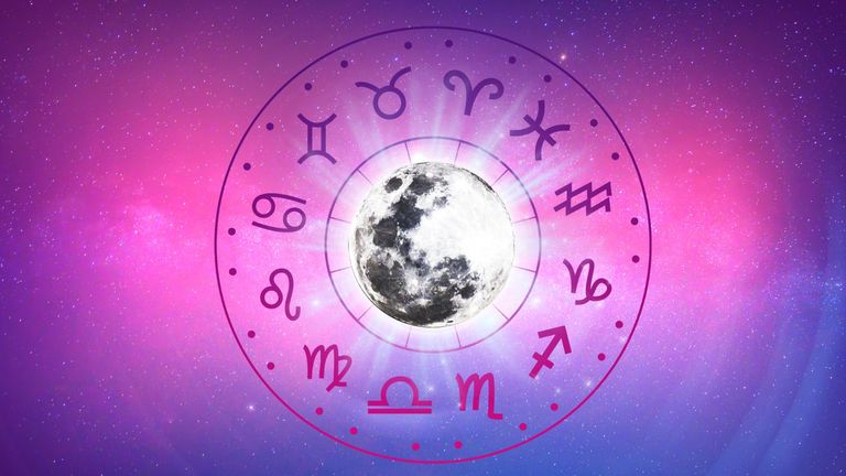 February new moon 2022: Zodiac signs inside of horoscope circle. Astrology in the sky with many stars and moons astrology and horoscopes concept.