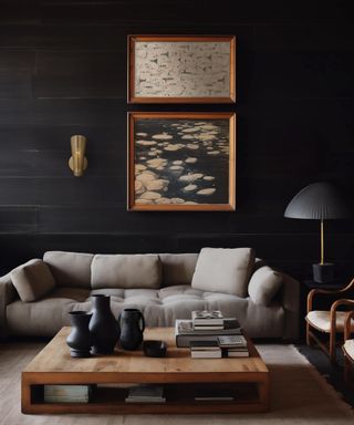 Living room with gray sofa and coffee table and dark walls