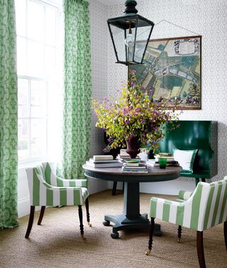 Dining room with curtains in Chandolin Flowers Green fabric by Charlotte Gaisford