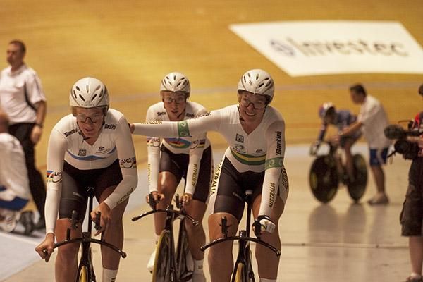 The Australians celebrate winning the women's team pursuit