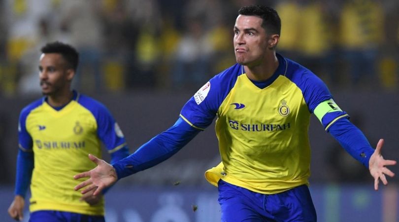 Cristiano Ronaldo celebrates scoring his team&#039;s first goal during the Saudi Pro League football match between Al-Nassr and Al-Raed at the al-Awwal Park Stadium in the Saudi capital Riyadh on April 28, 2023