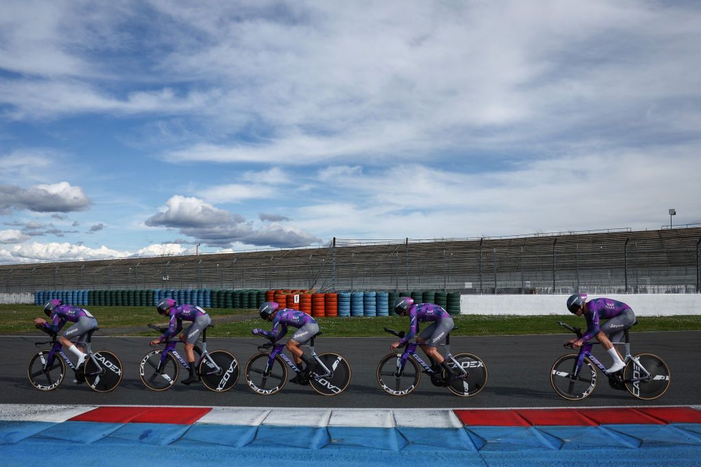 Team Jayco Alula's riders cycle during the 3rd stage of the Paris-Nice cycling race, a 28,4 km team time trial between Nevers Magny-Cours Circuit and Nevers, on March 11, 2025. (Photo by Anne-Christine POUJOULAT / AFP)