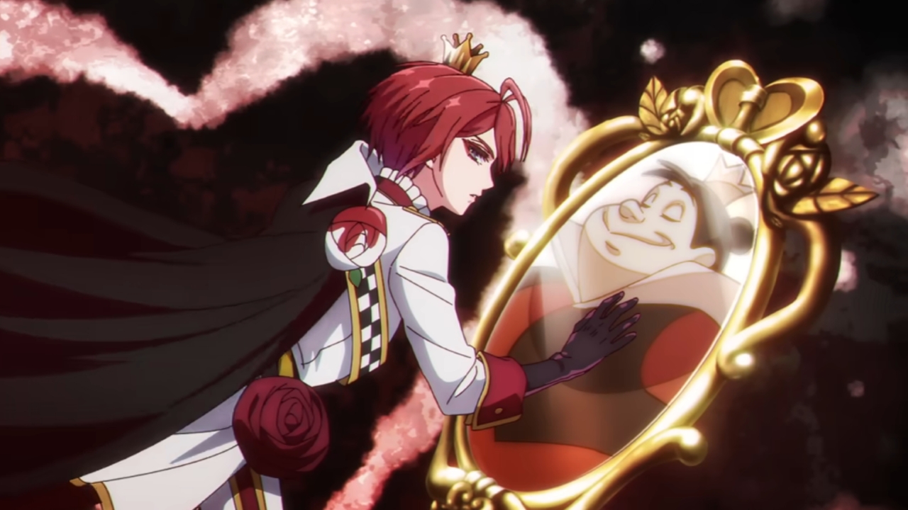 Anime Queen of Hearts looking at Disney Queen of Hearts in a mirror in Disney Twisted Wonderland