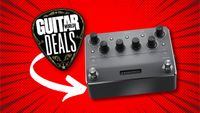 A Neural DSP Nano Cortex amp capture pedal on a red background with the Guitar World deals logo and a white arrow pointing towards it