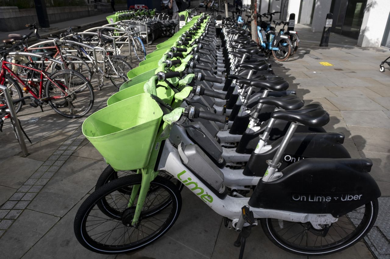 A row of Lime Bikes