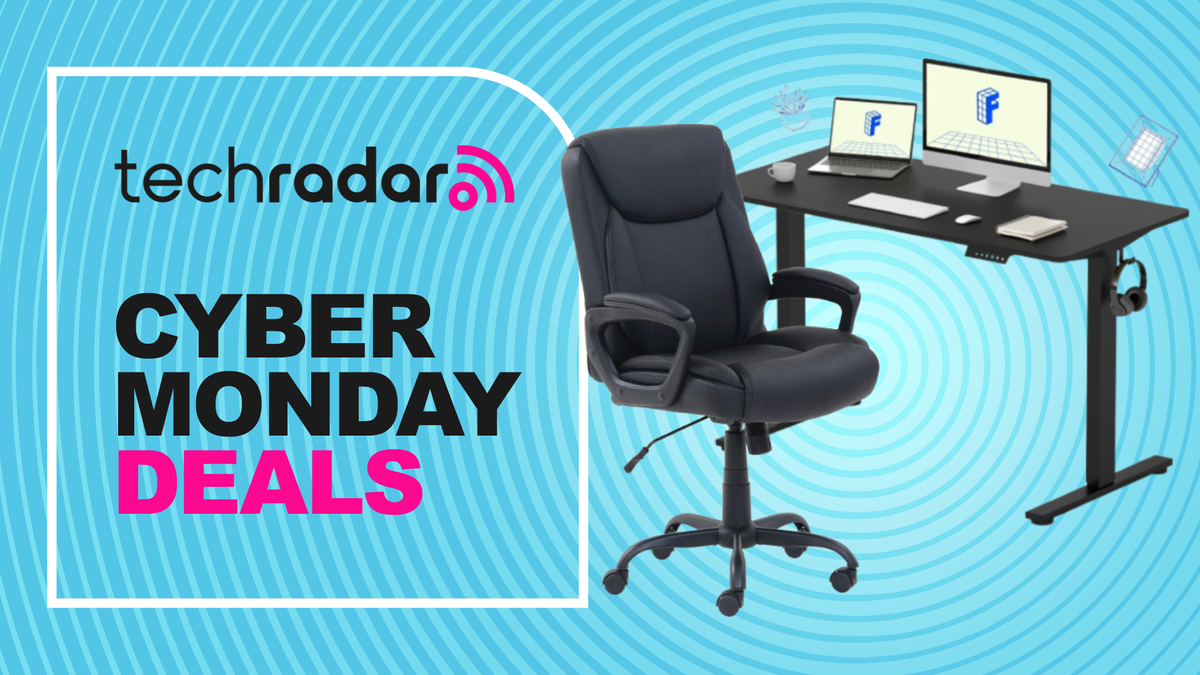 A standing desk and office chair next to text promoting TechRadar&#039;s Cyber Monday deals