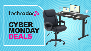 A standing desk and office chair next to text promoting TechRadar's Cyber Monday deals